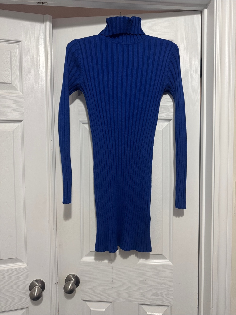 Long Ribbed Turtleneck Sweater Dress in Royal Blue